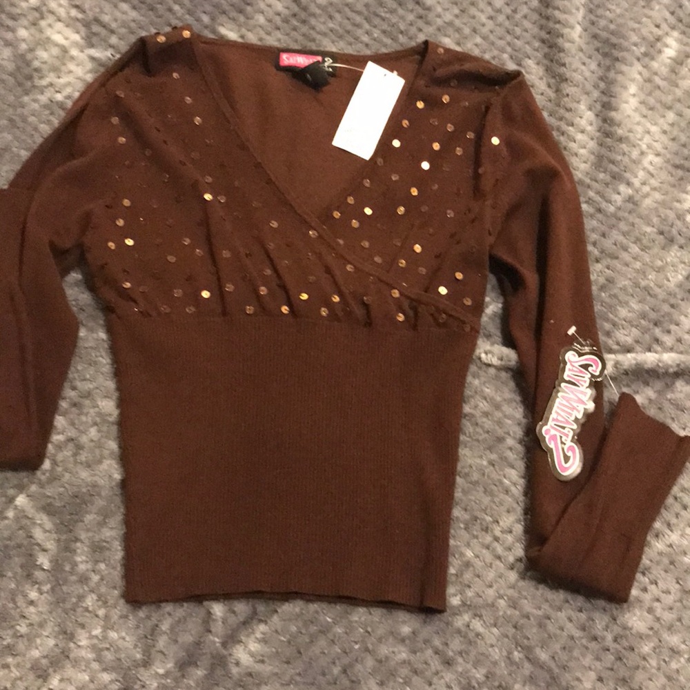 NWT: brown v neck sweater top with sequins Sz L